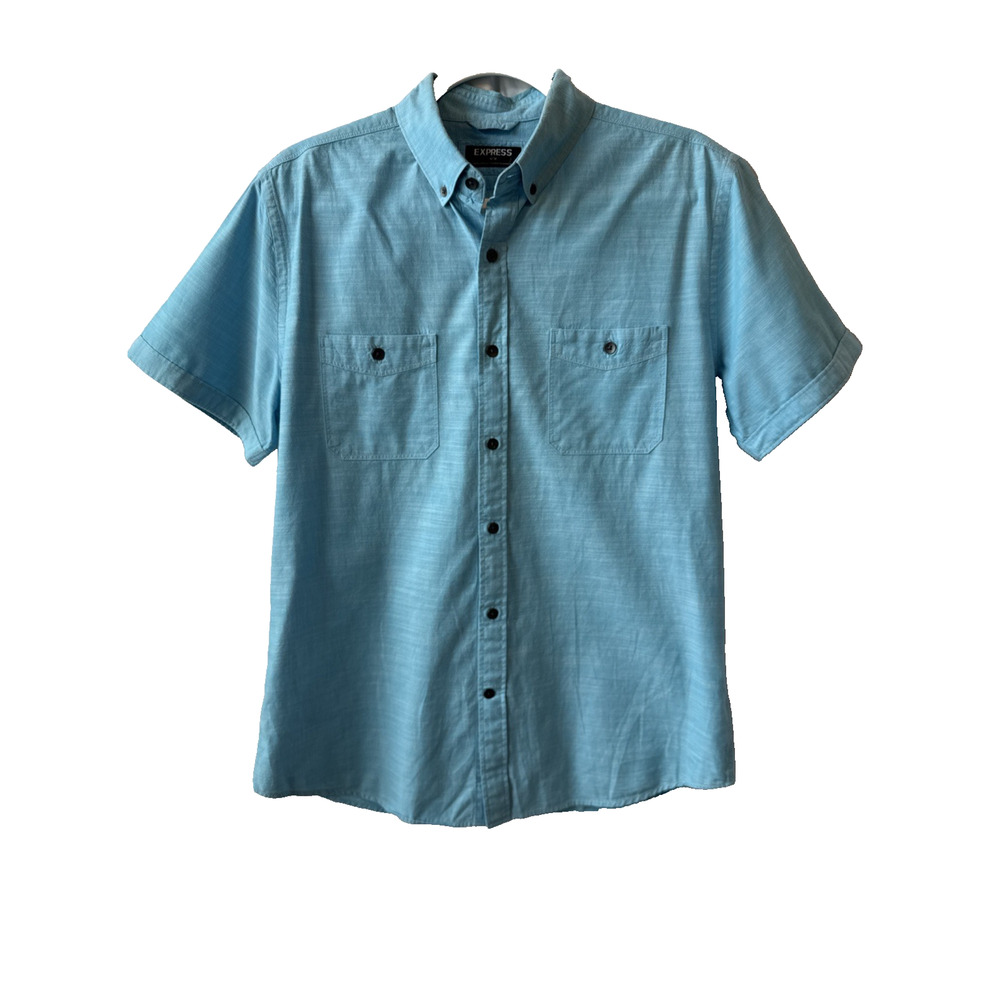 Express Men's M Preppy 100% Cotton‎ Short Sleeve Teal Button Up Travel Resort